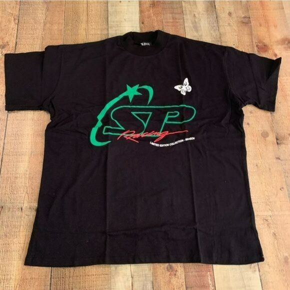 Boohoo man oversized extended neck racing print t-shirt in black -L - Picture 1 of 9